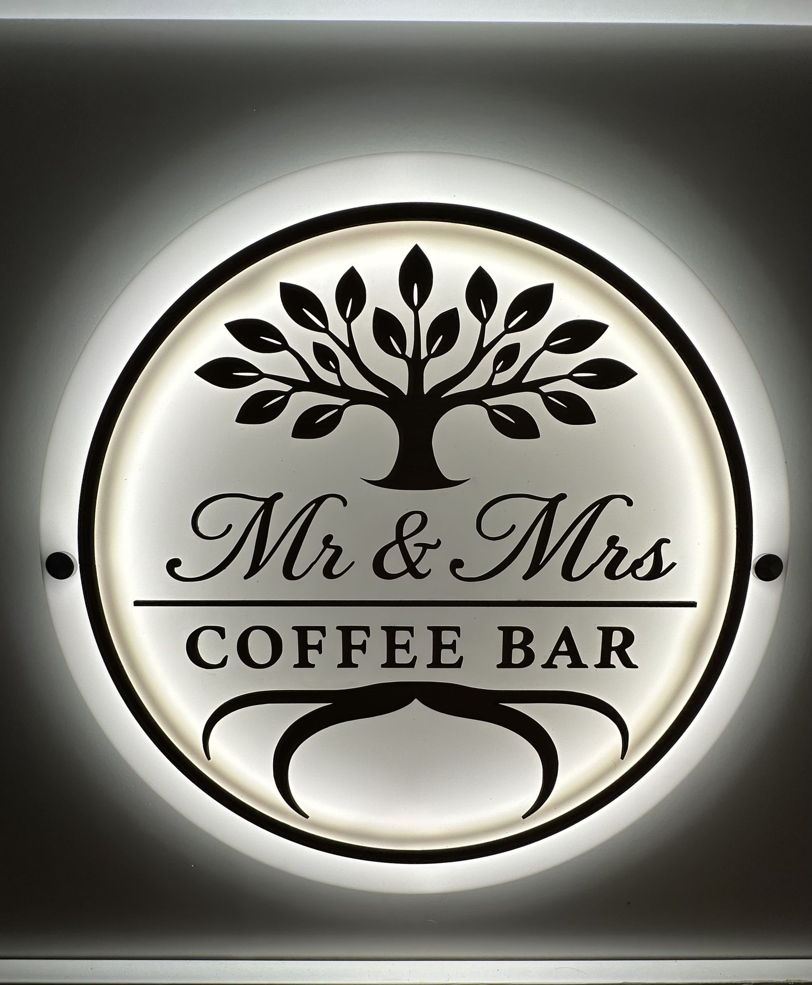 Illuminated custom Mr and Mrs Coffee Bar wedding sign
