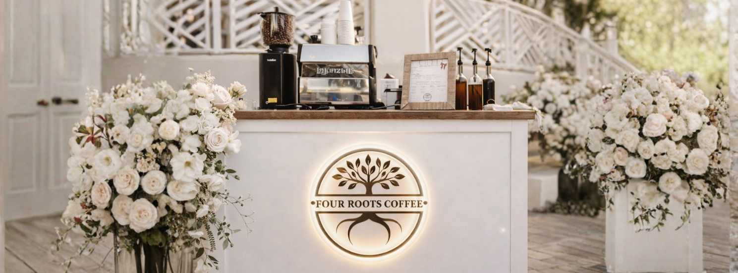 Four Roots Coffee wedding espresso cart surrounded by elegant white floral arrangements